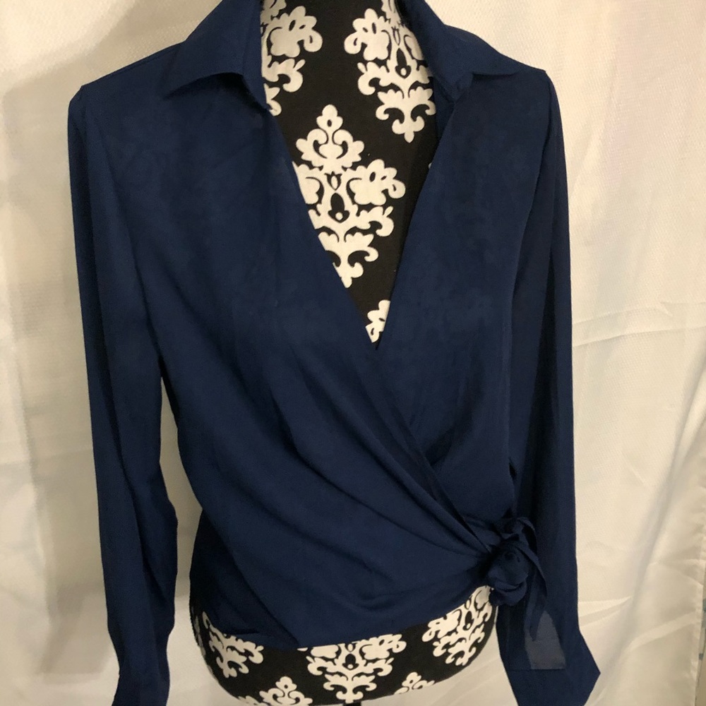 Blue Wrap Blouse with Collar and Tie Waist